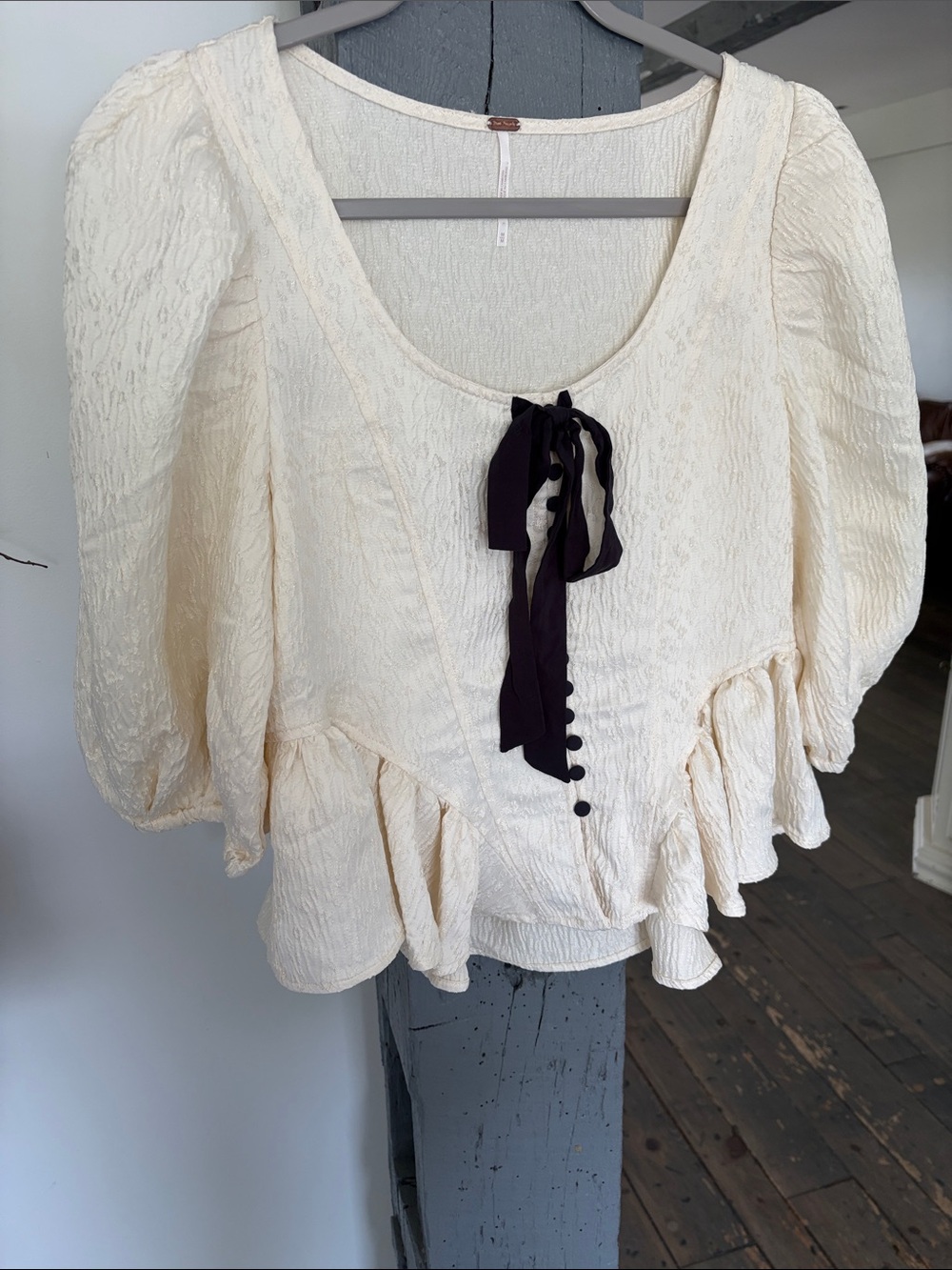 Cream Peplum Tie-Front Blouse with Button Detail BY FREE PEOPLE - Picture 3 of 7